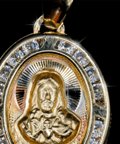 Medalla Sagrado Corazón, bisel con zirconias, oro 10K